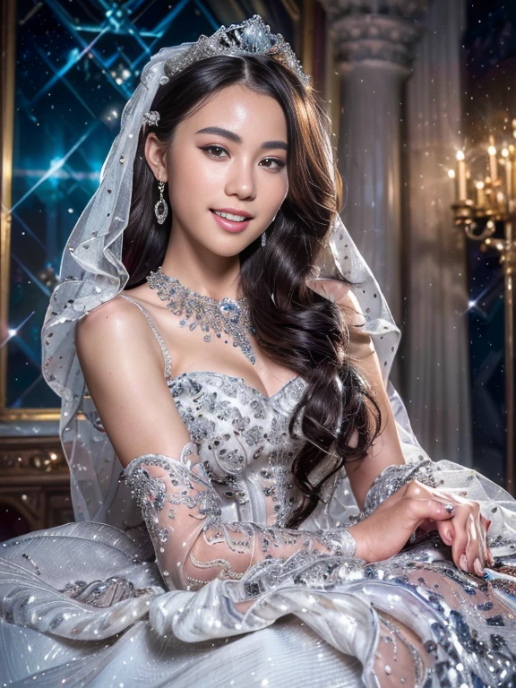 (best quality,8k,highres,masterpiece:1.2),(illustration),(ultra-detailed),(realistic:1.37),(beautiful detailed eyes),(solo),(full body),(1girl),(wearing a beautiful and detailed wedding dress),(sparkling accessories),(looking at the viewer),(extremely detailed),(detailed face),(pureerosfaceace_v1),(smiling),(wearing a diamond tiara)