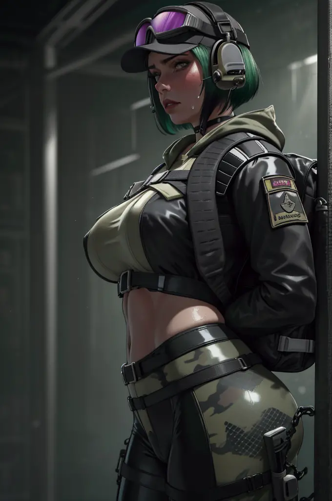 ela_(rainbow_six_siege), masterpiece, best quality, 1girl, solo, goggles, camouflage, backpack, hat, green hair, goggles on head...