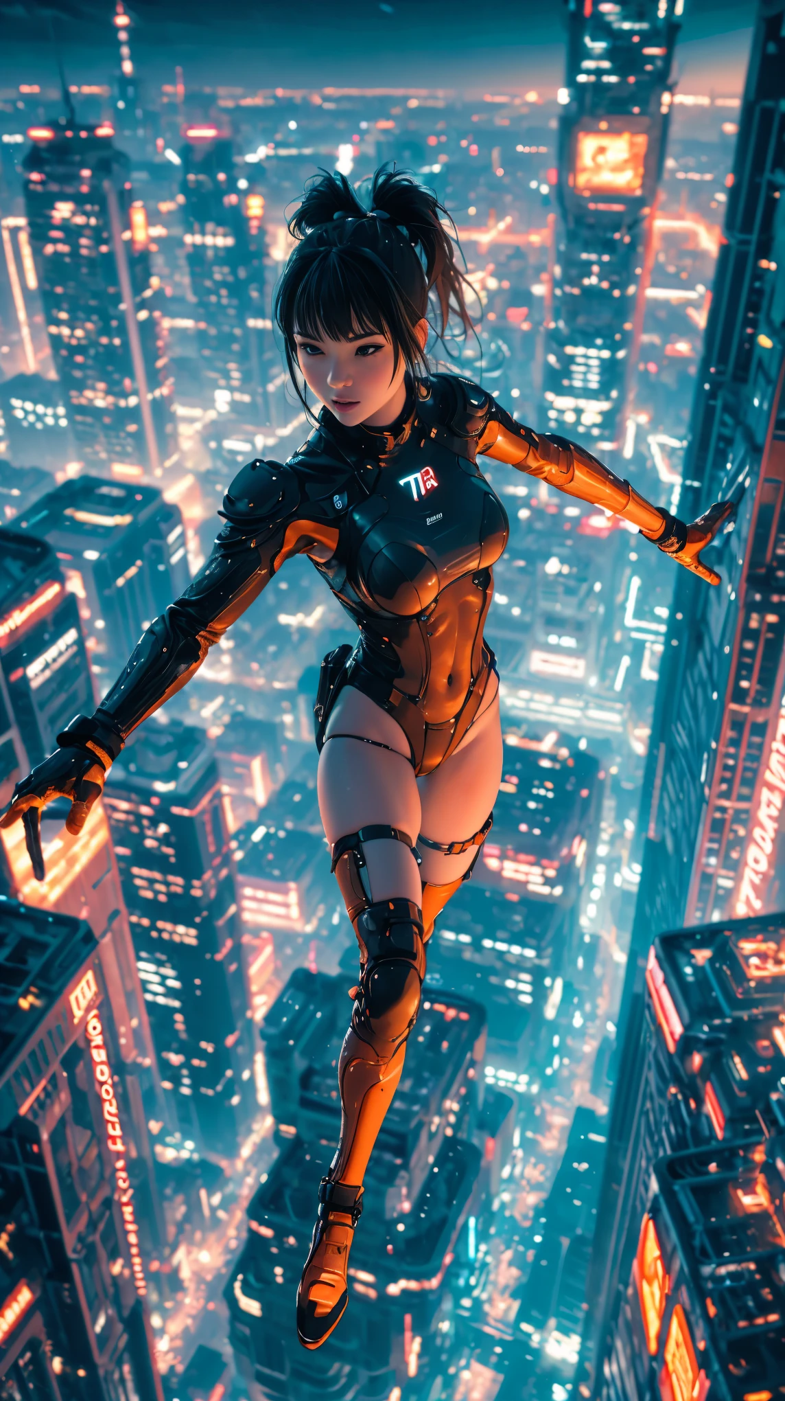 (ultra-detailed, masterpiece:1.2), extremely detailed artwork, best quality, high-resolution, hyper-realistic:1.37, attractive girl, breathtaking leap, background cityscape, realistic lighting, vibrant colors, elegant dress, flowing hair, graceful posture, mesmerizing expression, captivating eyes, delicate facial features, dynamic movement, bustling streets, towering skyscrapers, busy traffic, glowing neon signs, vibrant city life, breathtaking urban scenery, intricate architectural details, vivid city lights, bustling city ambiance, bustling streets, modern cityscape, urban energy