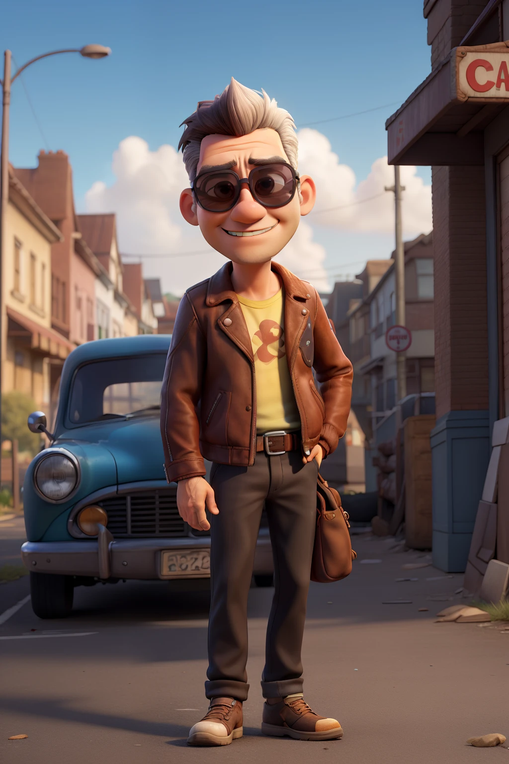 Create a cartoon character image of a man with sunglasses and a leather jacket leaning against an old car parked on an abandoned street, animation character, Caractere estilizado, animation style rendering, 3D estilizado, Arnold Maya rendering. 