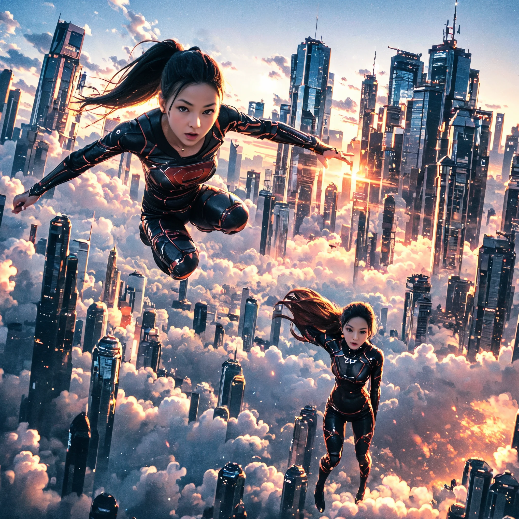 (ultra-detailed, masterpiece:1.2), extremely detailed artwork, best quality, high-resolution, hyper-realistic:1.37, attractive girl, breathtaking leap, background cityscape