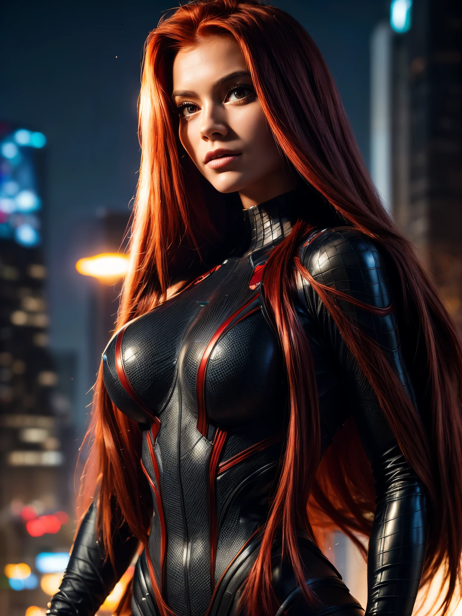 (best quality, masterpiece, colorful, dynamic angle, highest detailed) upper body photo, fashion photography of cute, (intense long red hair:1.3), Cristy Ren as Mary Jane Watson in spiderman suit, (ultrahigh resolution textures), in dynamic pose, bokeh, glowing wentricate details, hyperdetailed:1.15), detailed, moonlight passing through hair, perfect night, fantasy background, (official art, extreme detailed, highest detailed), HDR+