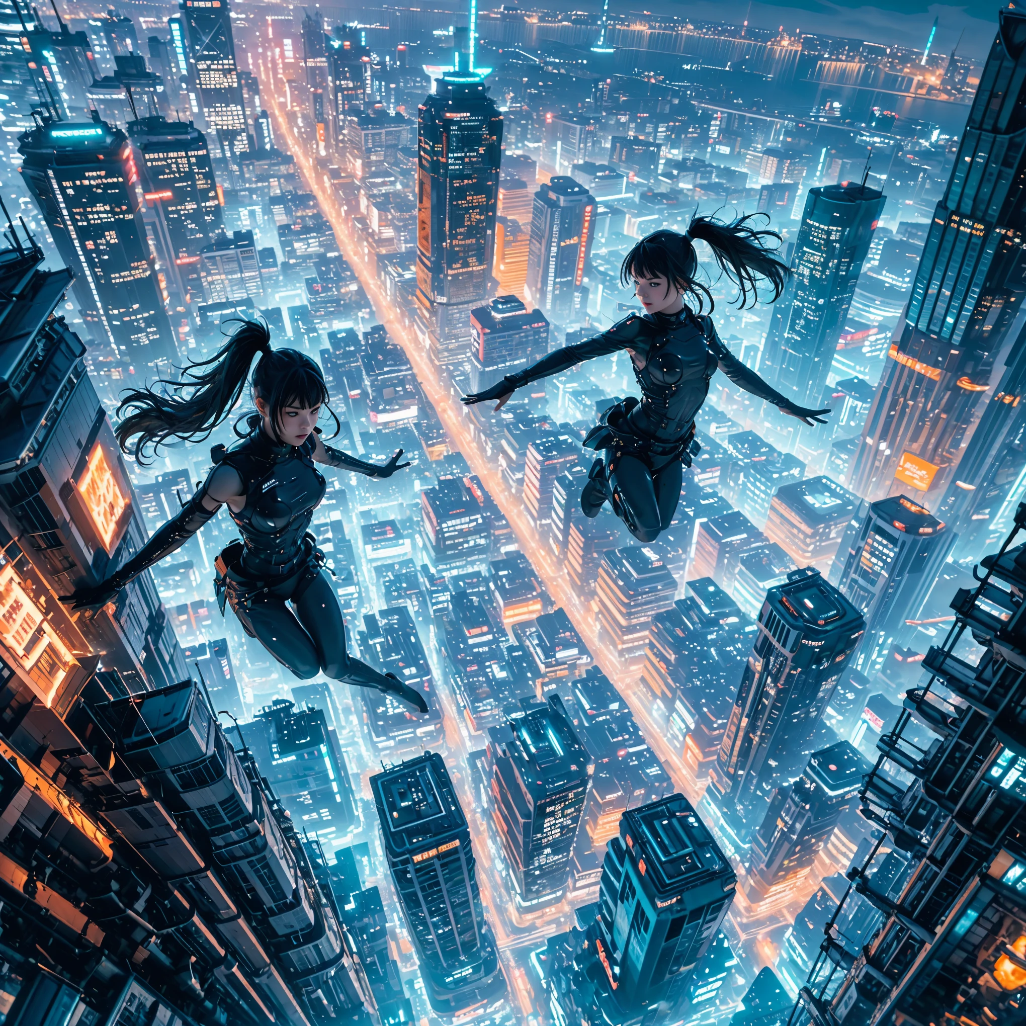 (ultra-detailed, masterpiece:1.2), extremely detailed artwork, best quality, high-resolution, hyper-realistic:1.37, attractive girl, breathtaking leap, background cityscape, realistic lighting, vibrant colors, elegant dress, flowing hair, graceful posture, mesmerizing expression, captivating eyes, delicate facial features, dynamic movement, bustling streets, towering skyscrapers, busy traffic, glowing neon signs, vibrant city life, breathtaking urban scenery, intricate architectural details, vivid city lights, bustling city ambiance, bustling streets, modern cityscape, urban energy