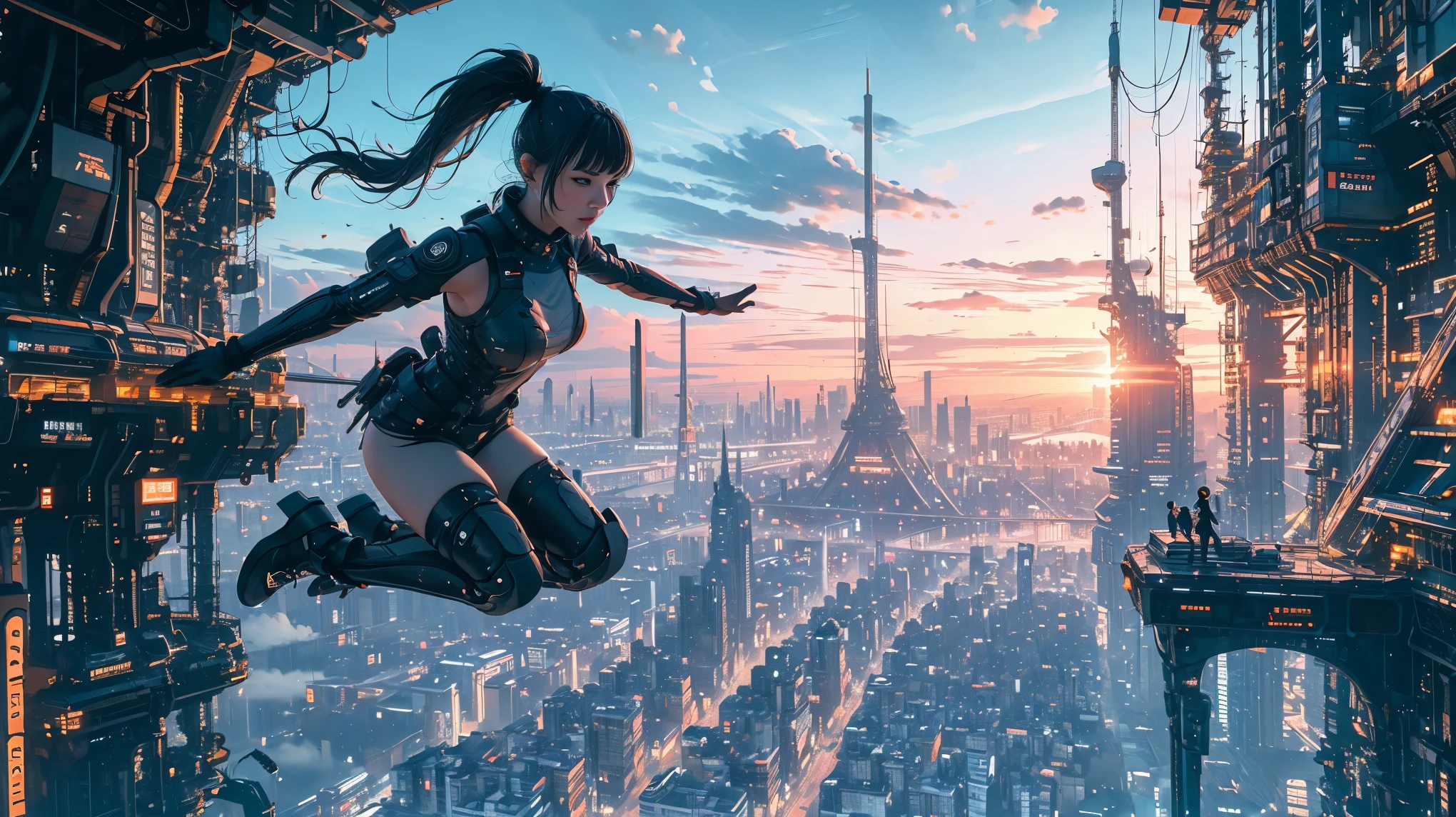 (ultra-detailed, masterpiece:1.2), extremely detailed artwork, best quality, high-resolution, hyper-realistic:1.37, attractive girl, breathtaking leap, background cityscape, realistic lighting, vibrant colors, elegant dress, flowing hair, graceful posture, mesmerizing expression, captivating eyes, delicate facial features, dynamic movement, bustling streets, towering skyscrapers, busy traffic, glowing neon signs, vibrant city life, breathtaking urban scenery, intricate architectural details, vivid city lights, bustling city ambiance, bustling streets, modern cityscape, urban energy