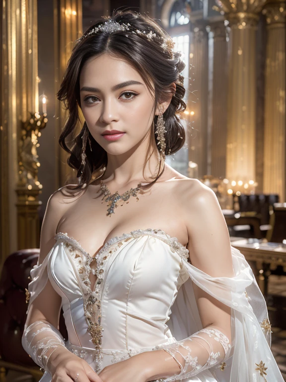 best quality, masterpiece, (photorealistic:1.4), 1girl, cowboy shot, luxury elegant bare shoulder deep v wedding dress, dramatic lighting, hair over shoulders, white gloves, v arms, luxury hall background, night, japanese face, braid hair,small breast