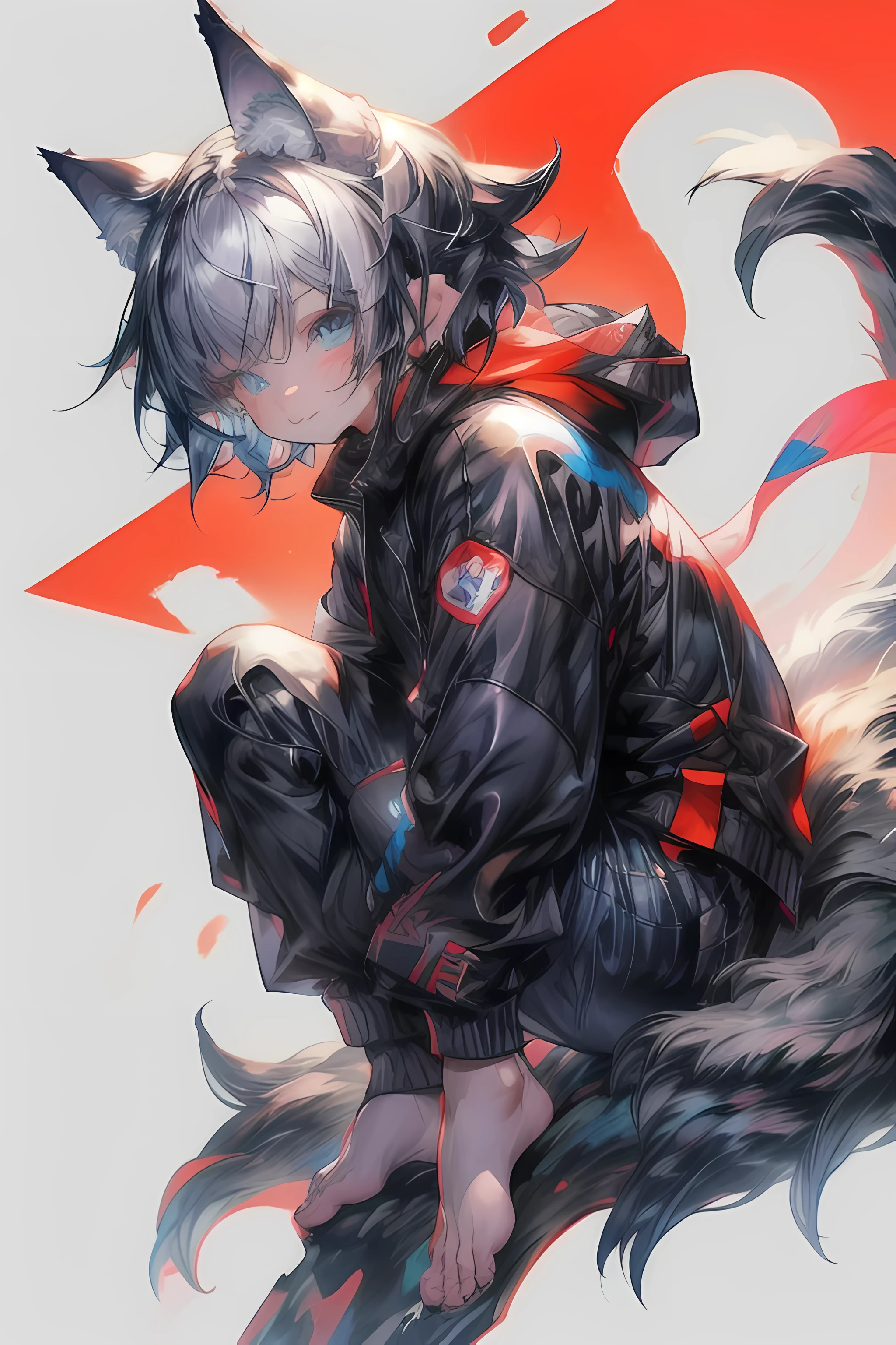 (1boy), (Shota), (HD quality, masterpiece level), cute character, dark gray hair, blue eyes, (wolf ears), (wolf tail), one tail, (no ears), little boy, (ears covered), (hair covered ears), a pinch of blue bangs, full body picture, chubby face, happy, cute feet, cute face, solo, cinematic lighting,