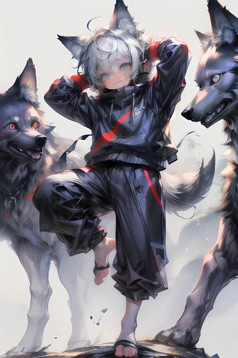 (1boy), (shota), (hd quality, masterpiece level), cute character, dark gray hair, blue eyes, (wolf ears), (wolf tail), one tail,...