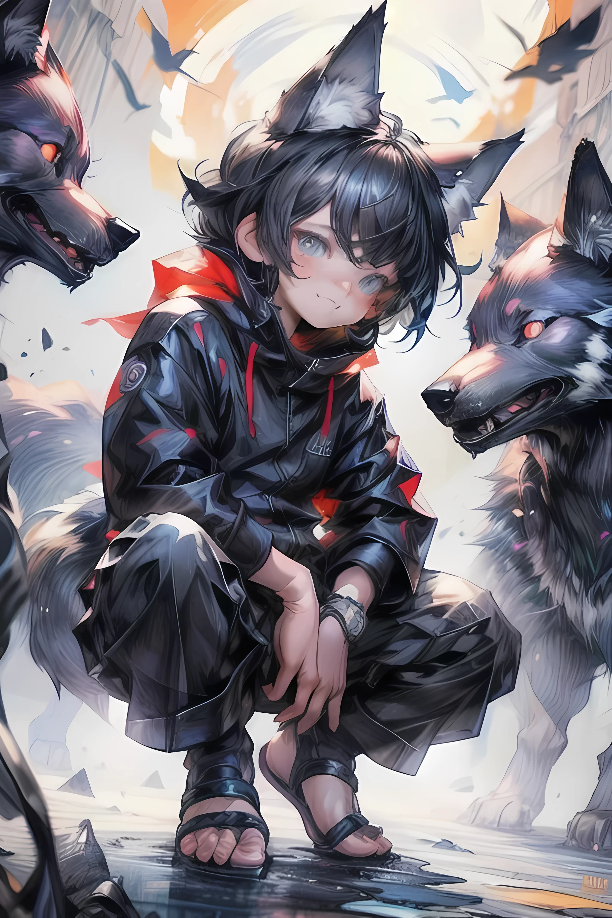 (1boy), (Shota), (HD quality, masterpiece level), cute character, dark gray hair, blue eyes, (wolf ears), (wolf tail), one tail, (no ears), little boy, (ears covered), (hair covered ears), a pinch of blue bangs, full body picture, chubby face, happy, cute feet, cute face, solo, cinematic lighting,