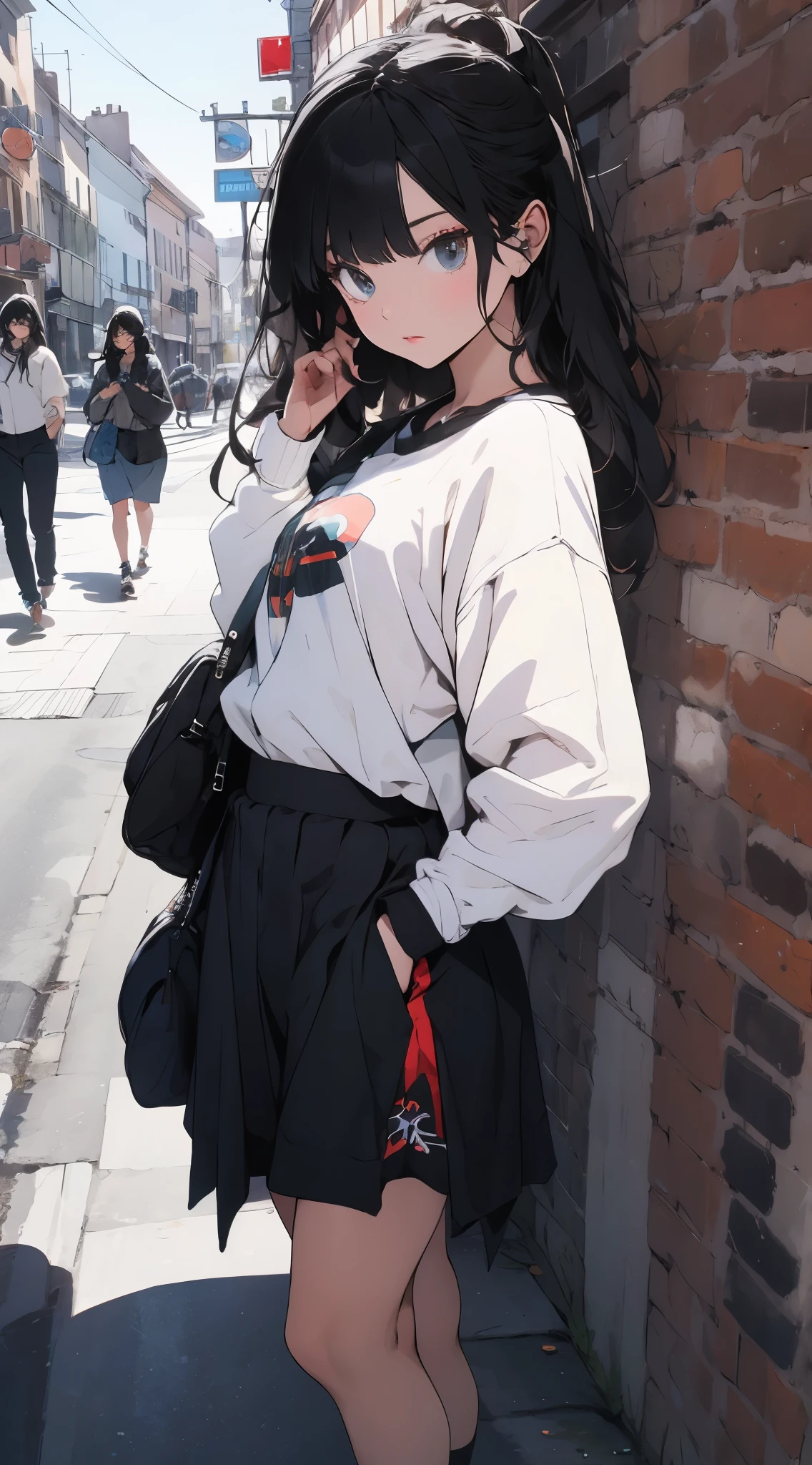 fashionable, long black hair, soft expression, split, , skirt, streetwear, on the street, cowboy shooting