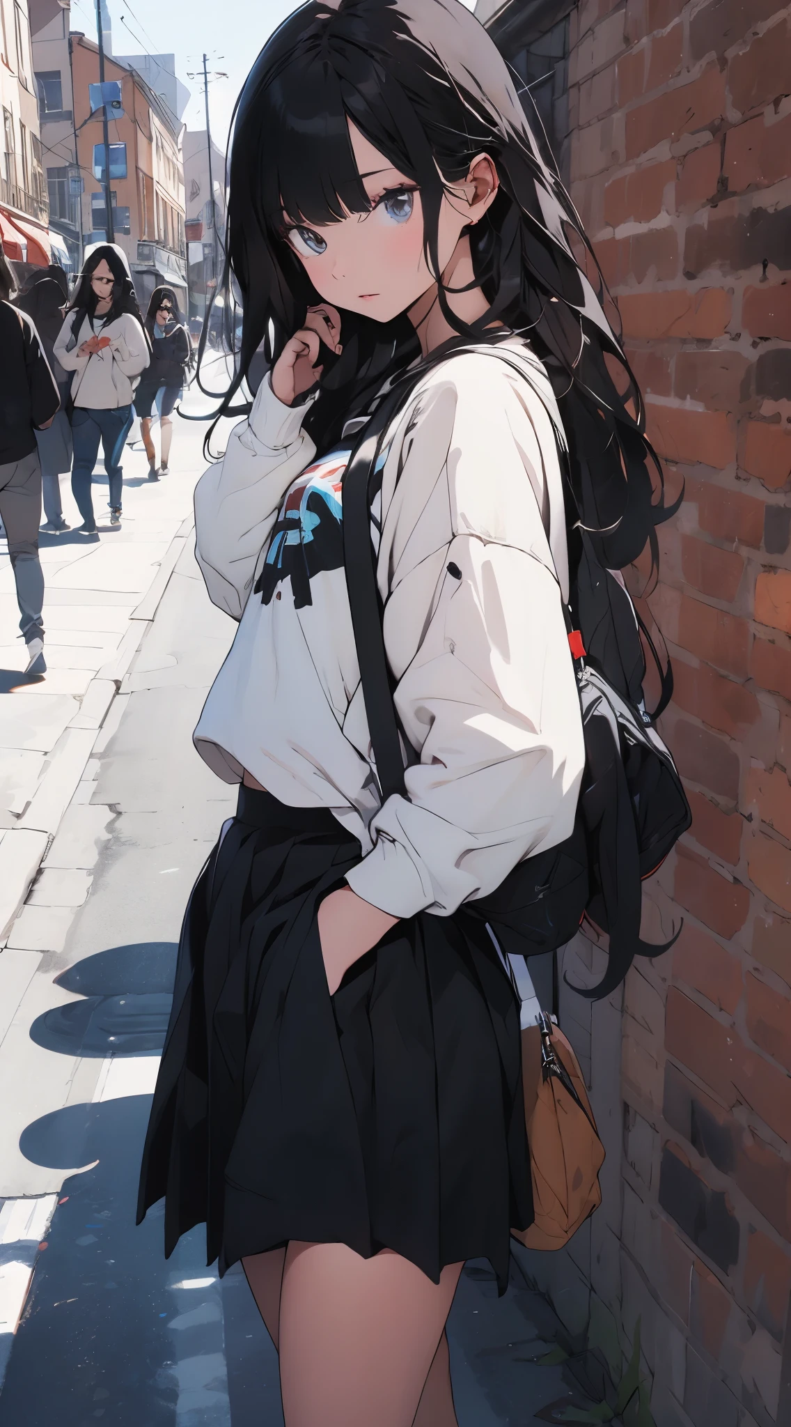 fashionable, long black hair, soft expression, split, , skirt, streetwear, on the street, cowboy shooting