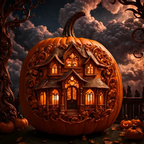 Masterpiece in maximum 16K resolution. | (A meticulously carved pumpkin:1.3) with an intricate rich gothic design. | Complex pat...