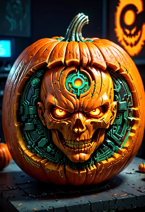 A close up of a pumpkin with a skull inside of it - SeaArt AI