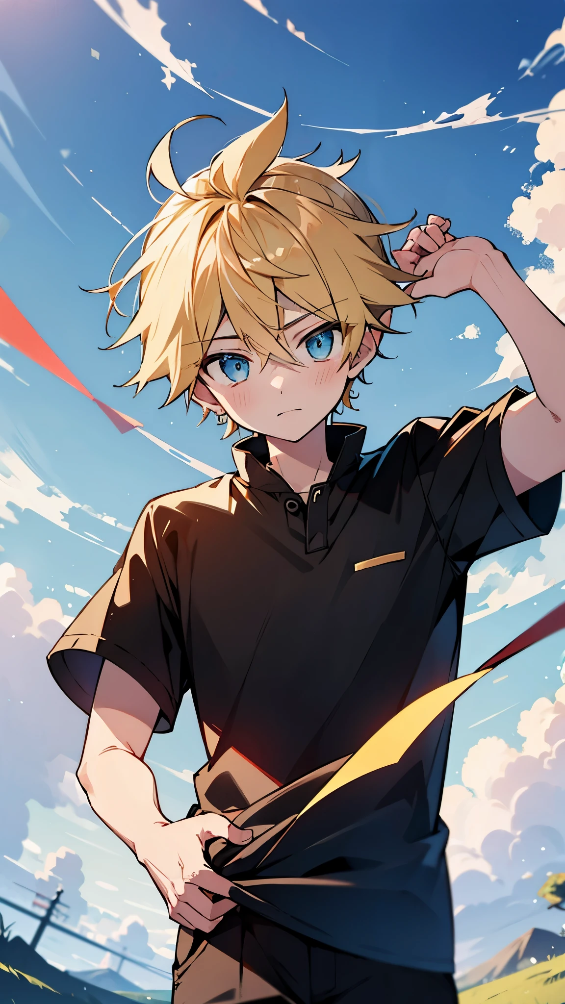 ,highres,wallpaper,solo,original,illustration,blue eyes,yellow hair,masterpiece,male,male focus,boy, ((masterpiece)),(((best quality))), (high-quality, breathtaking), (expressive eyes, perfect face), 1boy, solo, male,sky, day，shorts,black shirt,short hair:1.2，少年，vocaloid,Len