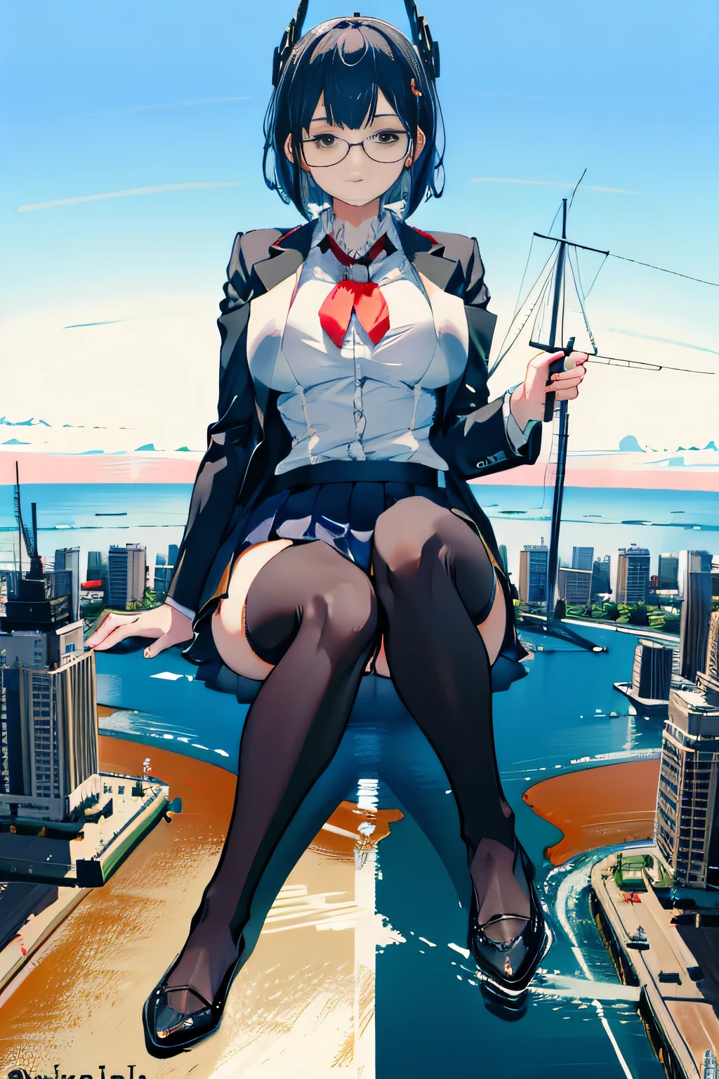 Giant娘 art, surreal high school girl, 非常に詳細なGiantショット, Giant, short hair, a huge high school girl、&#39;It&#39;s much bigger than a skyscraper, wearing rimless glasses, big breasts, big ass, navy blue blazer, red tie, mini length skirt, black pantyhose, Don't wear shoes., miniature metropolis, 私たちは非常にsmall battleshipに攻撃されています., ＧＴＳ, giga Giant娘, Giant娘, crashed battleship, small battleship, micro battleship,