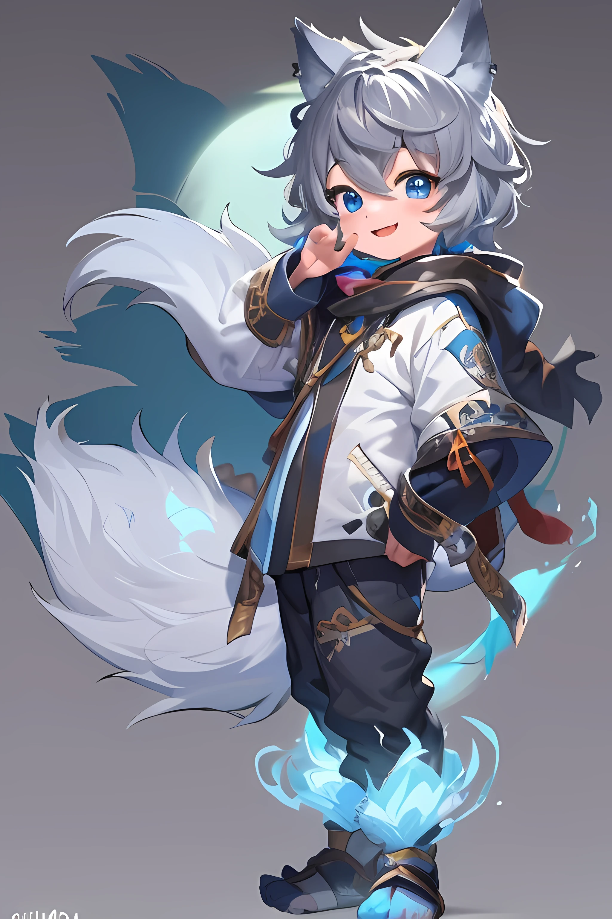 (1boy), (Shota), (HD quality, masterpiece level), cute character, dark gray hair, blue eyes, (wolf ears), (wolf tail), one tail, (no ears), little boy, (ears covered), (hair covered ears), a pinch of blue bangs, full body picture, chubby face, happy, cute feet, cute face, solo, cinematic lighting,