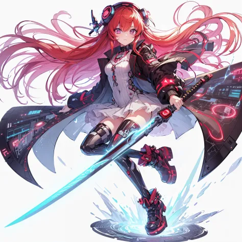 (Masterpiece, best quality), ultra-detailed, full-bodied cyber punk magical girl, hold on high tech energy KATANA, red hair, glo...