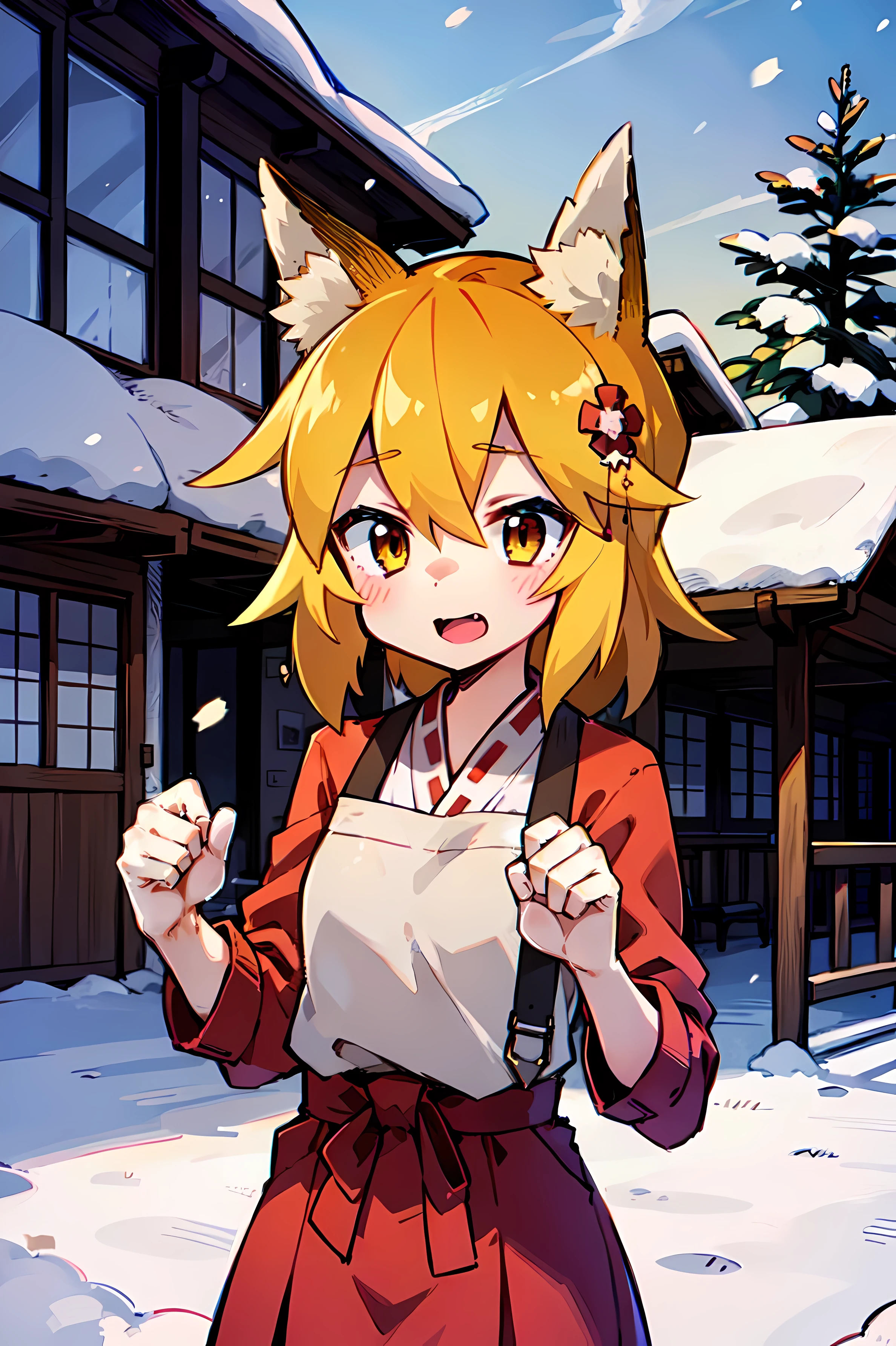 Young woman, Fox ears, 4K image, flowers of different colors, field, Beautiful trees, Maximum details, village, Houses, Beautiful cloud, a very nice girl, fists, Preparing for battle, Aggressive face, Vampire's Tooth, White Trees, snow, overcast weather, snowурочка, Наряд snowурочки