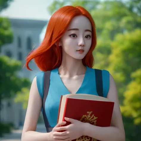 (best quality,4k,8k,highres,masterpiece:1.2),ultra-detailed, red haired Chinese college student, Dilraba Dilmurat, walking on ca...