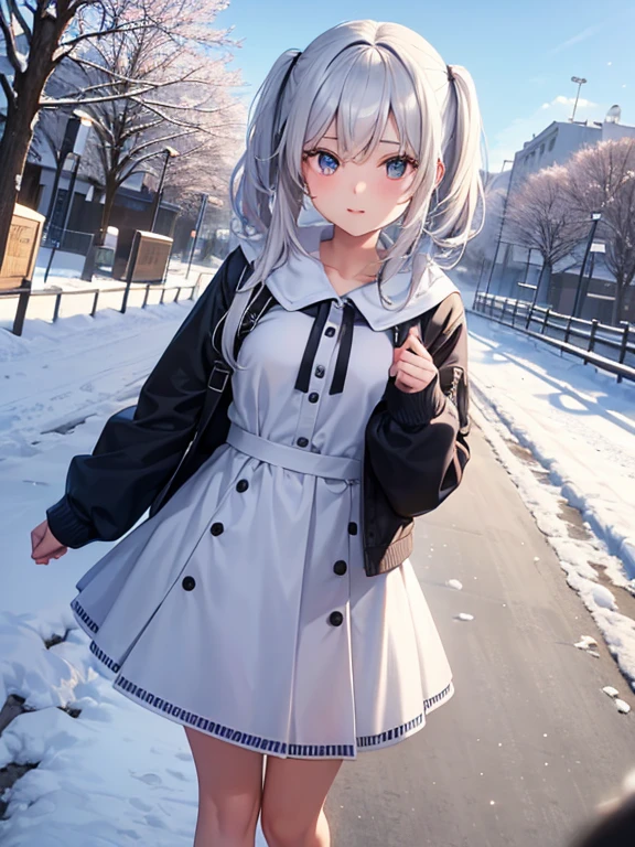 Teenage girl with snow-white hair and silver eyes wearing an adorable dress while walking in the park