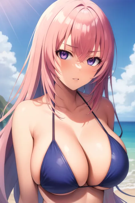 (masterpiece, best quality:1.2), a woman with long pink hair and purple eyes, bikini swimsuit, looking haughty, on the beach, ultra detailed, best quality, expressive eyes, perfect face, ultra hight quality, ultra detail 