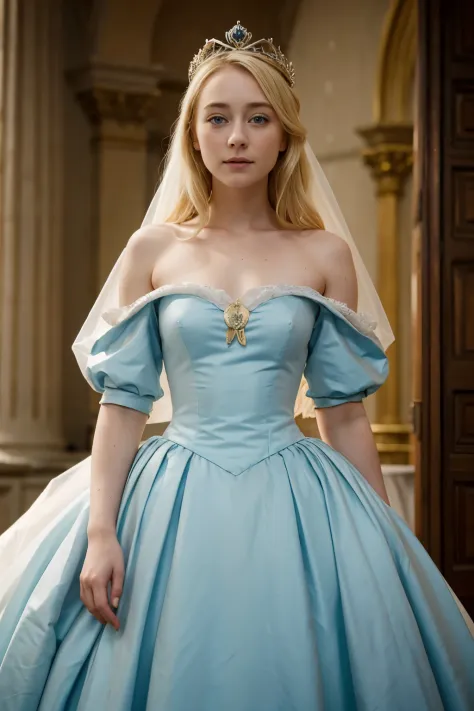 Blonde woman with a crown, Saoirse Ronan, full body, clear blue eyes, twenty years, wedding dress from 1814, princess bride