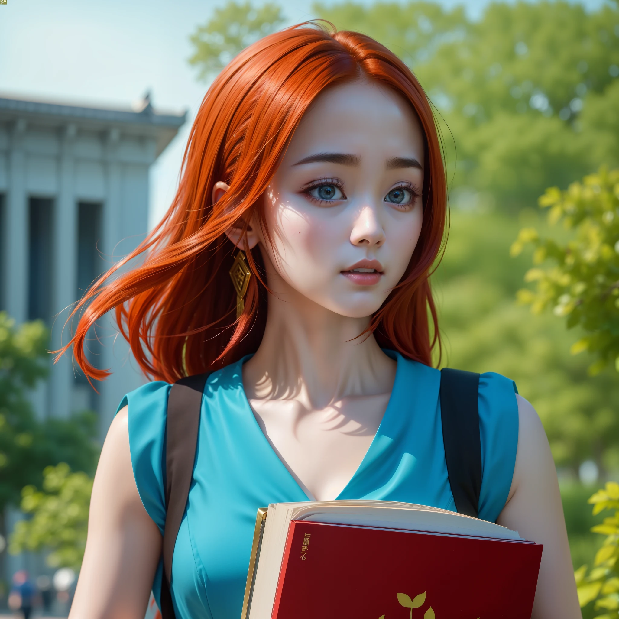 (best quality,4k,8k,highres,masterpiece:1.2),ultra-detailed, red haired Chinese college student, Dilraba Dilmurat, walking on campus. blue sundress, carrying books HDR, 8k, absurdres, cinestill 800, sharp focus