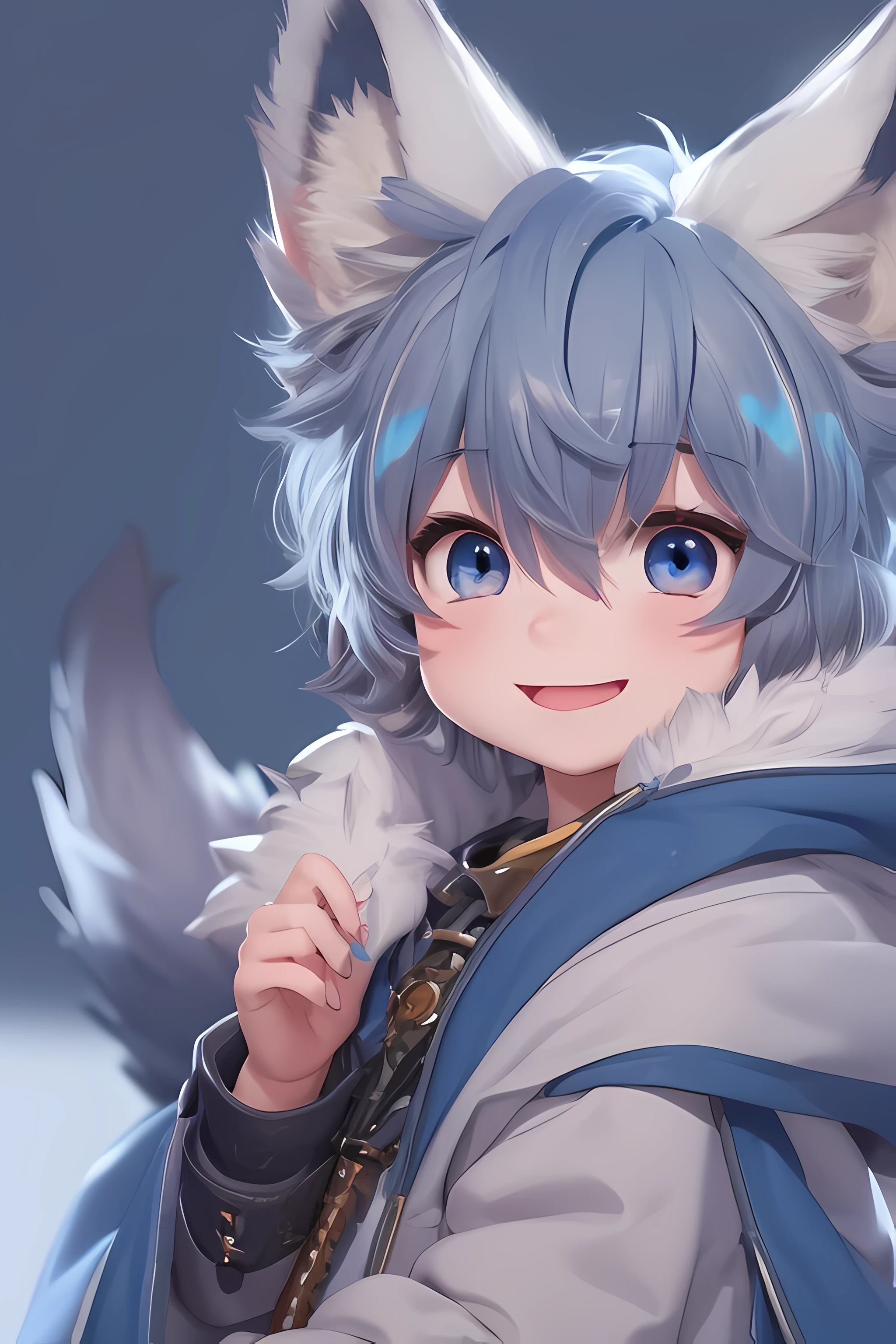 (1boy), (Shota), (HD quality, masterpiece level), cute character, dark gray hair, blue shiny detailed eyes, (wolf ears), (wolf tail:1.2), one tail, (earless), little boy, (ears covered), (ears covered with hair), bunch of blue bangs, full body shot, chubby face, happy, cute feet, cute face, solo, cinematic lighting,