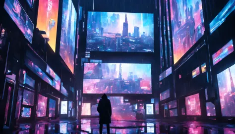 one big in the center of screen holographic billboards in very dark abandoned futuristic city, rainy night