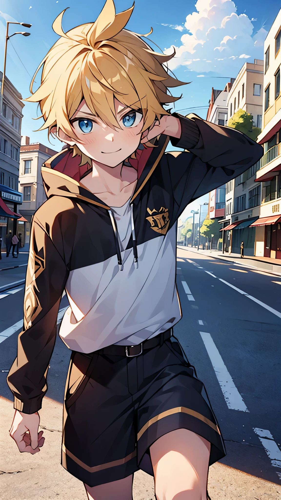 ,highres,wallpaper,solo,original,illustration,blue eyes,ymasterpiece,male,male focus,boy, ((masterpiece)),(((best quality))), (high-quality, breathtaking), (expressive eyes, perfect face), 1boy, solo, male,on street, sky, day，shorts, smirk,short hair:1.2，少年,yellow hair,