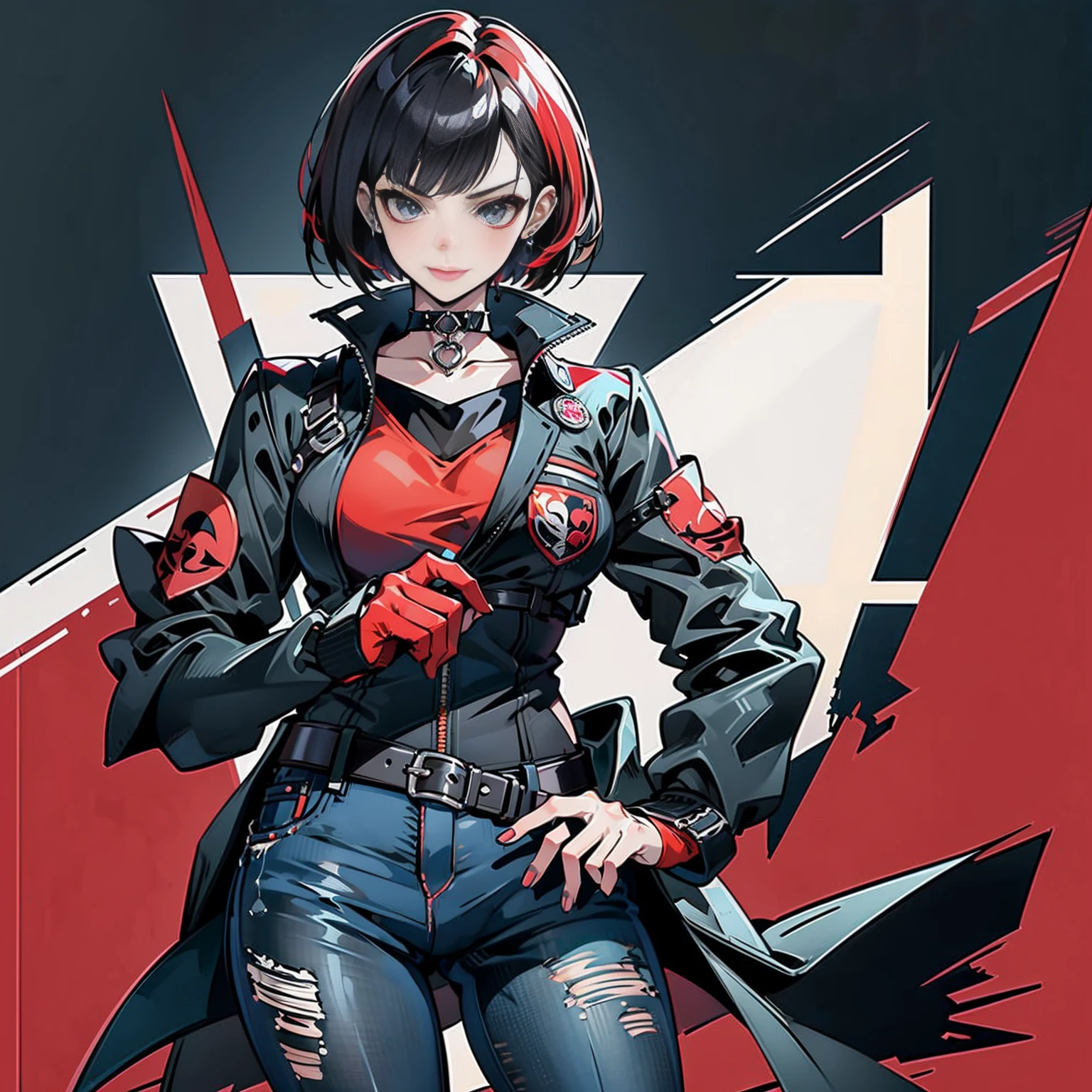 in the art style of persona5 and in the art style of street of rage 4, delinquent, (sukeban), mature_female, blush, mature, older woman, 2, Sukeban teacher outfit, (1girl, solo female, solo, solo focus)++++, choker, sukeban teacher, sukeban fighter, long_sleeves, open jacket, blue jacket,( jean)+++, light skin tone female, (full body)+++++, jacket, biker jacket, tape, arm_support, gloves, red_gloves, bridal gauntlets, nail polish, boots, black_footwear, fighter outfit, (full body)+++++++, hourglass, mature face, cheeky smile, cheeky face, wrinkles, (red hair, short hair, bob cut, earrings, ear piercings), red eyeighting art, Martial arts, standing, fighting_stance, fight, fighting), extra colors, 2D, megapixel, perfectionism, accent lighting, full HD , (Masterpiece:1.2), (full-body-shot:1),(cowboy shot:1.2), (Highly detailed:1.2),(anime Detailed Face:1.2), Colorful, A detailed eye, (Detailed landscape:1.2), (natural lighting:1.2), ((sukeban school teacher)) by Vincent Di Fate: Aidyllery, Anamorphic Shot, rule of thirds, face by Artgerm and WLOP,