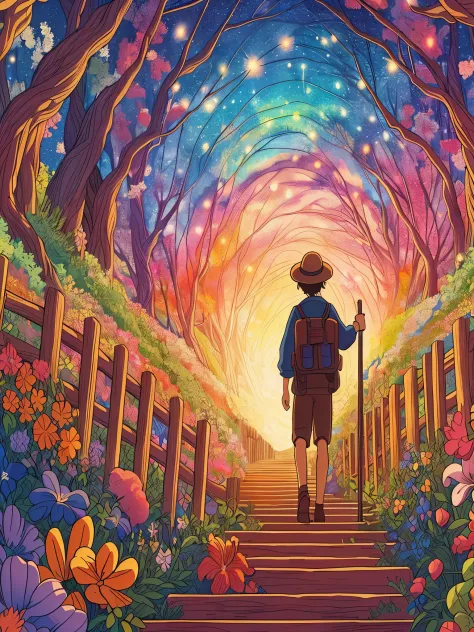 Draw an anime simple art scene of a man with hat and trekking pole Amidst the kaleidoscope of unearthly blossoms, staircase, woo...