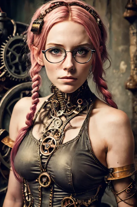 (Realisttic:1.2), analog photo style, Beautiful Elf woman, posing, with freckles and glasses and long pink hair braided, (steamp...