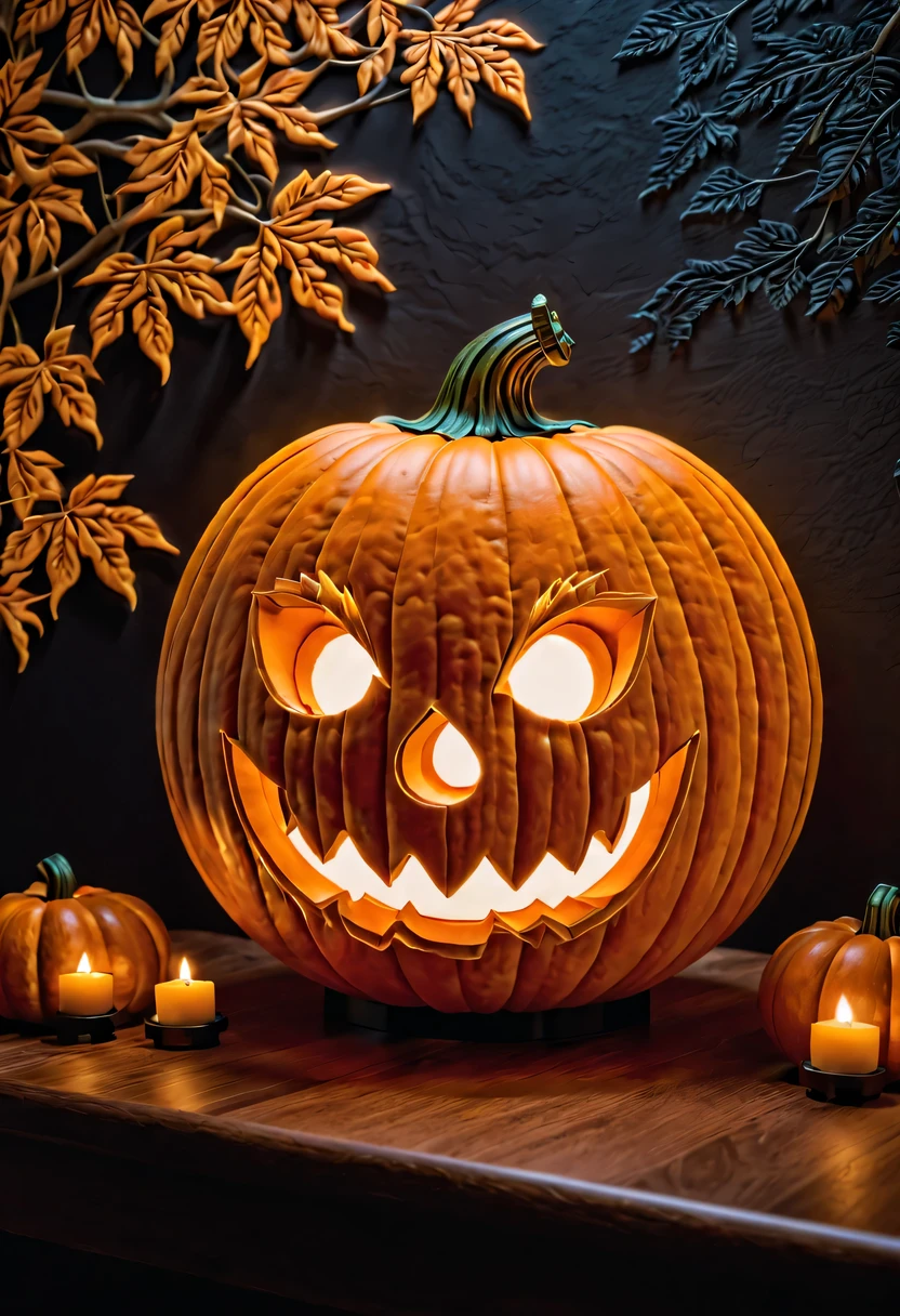 A close up of a carved pumpkin with two lit candles - SeaArt AI