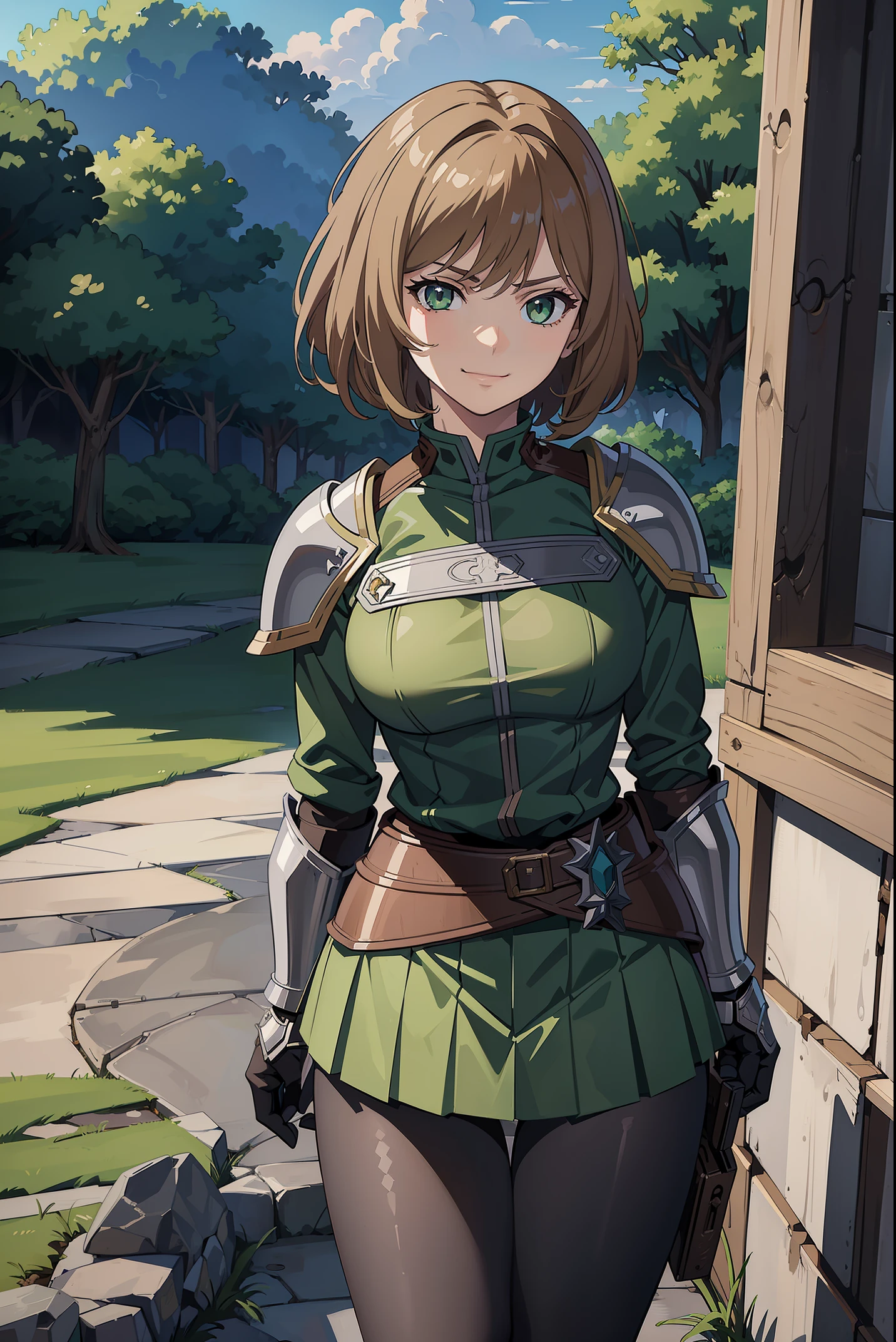 (masterpiece, flawless quality, perfect eyes, anime style:1.2), 1girl, solo, looking at viewer, leggings, ((cowboy shot)), (hitch dreyse, green eyes), brown hair, ((full_armor)), large_bust, roman_armor, legs, skirt, smirk