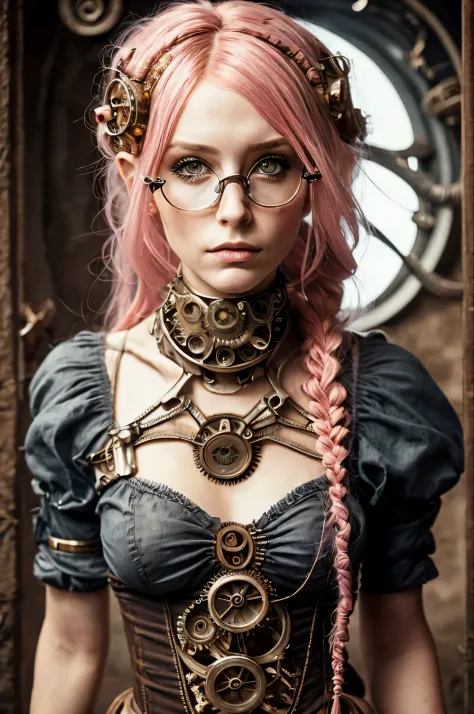 (Realisttic:1.2), analog photo style, Beautiful Elf woman, posing, with freckles and glasses and long pink hair braided, (steamp...
