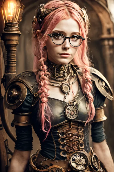 (Realistic:1.2), Analog Photography Style, beautiful elf woman, posing, with freckles, with glasses and long pink hair, braided....