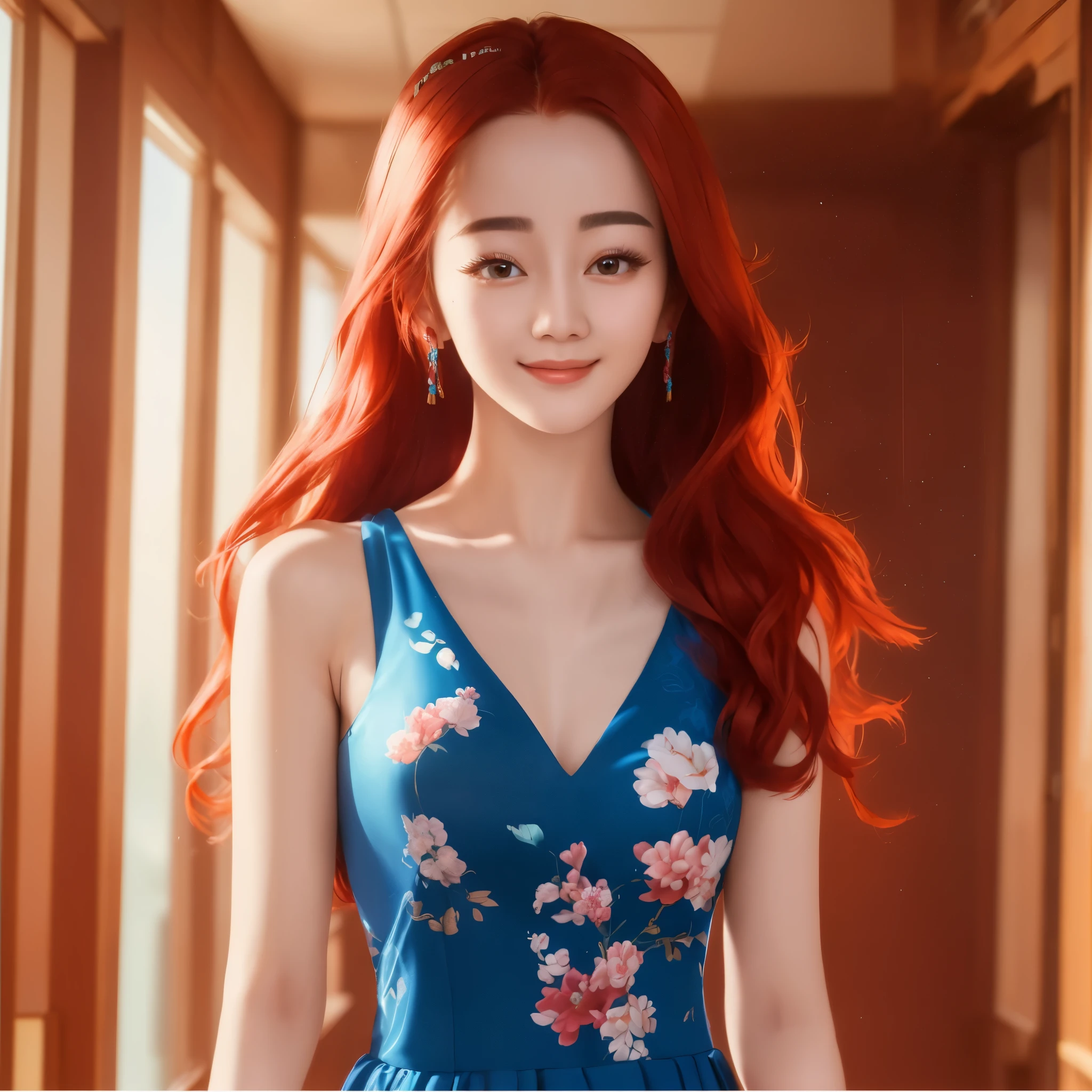 (best quality,4k,8k,highres,masterpiece:1.2),ultra-detailed, red haired Chinese college student, Dilraba Dilmurat, flowery blue sundress, smiling, school hallway, HDR, 8k, absurdres, cinestill 800, sharp focus