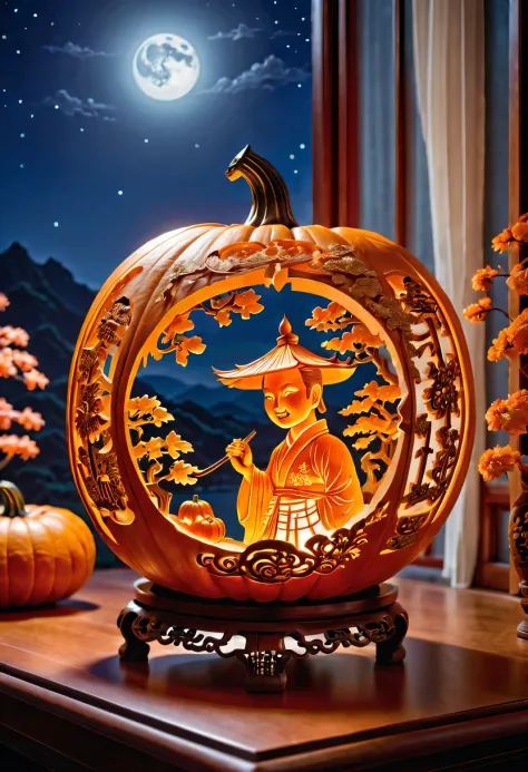 pumpkin lantern:carve pumpkins:artwork:art and intricate design:the work of skilled craftsmen:beautiful,chinese style,elegant,fa...