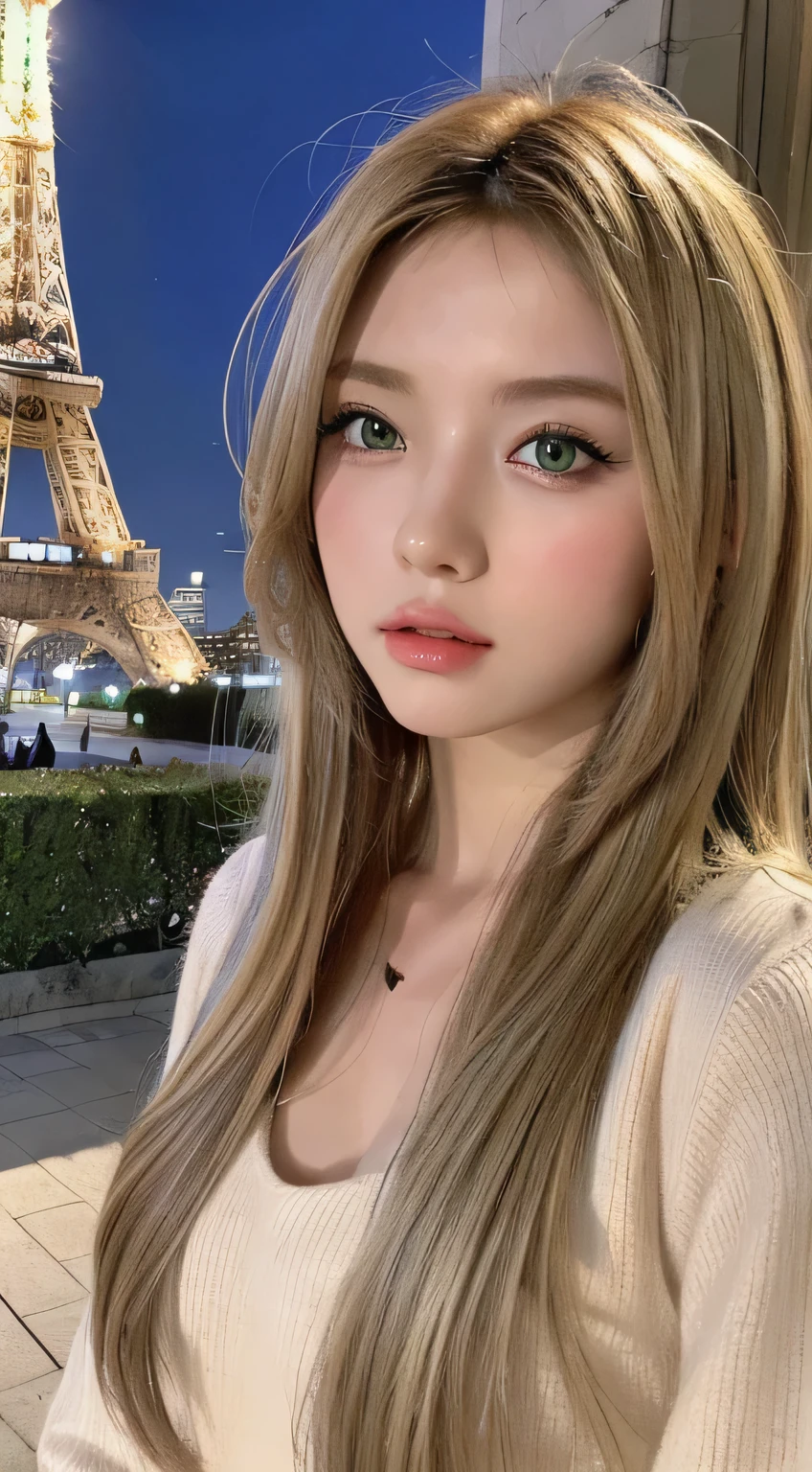 (masterpiece), (best quality, highres, highly-detailed, illustration), 1girl, solo, city, contemporary, blonde beige long hair, green eyes, beautiful detailed eyes, 8k, trending on ArtStation, featured on Pixiv, paris, eifel tower, night, river