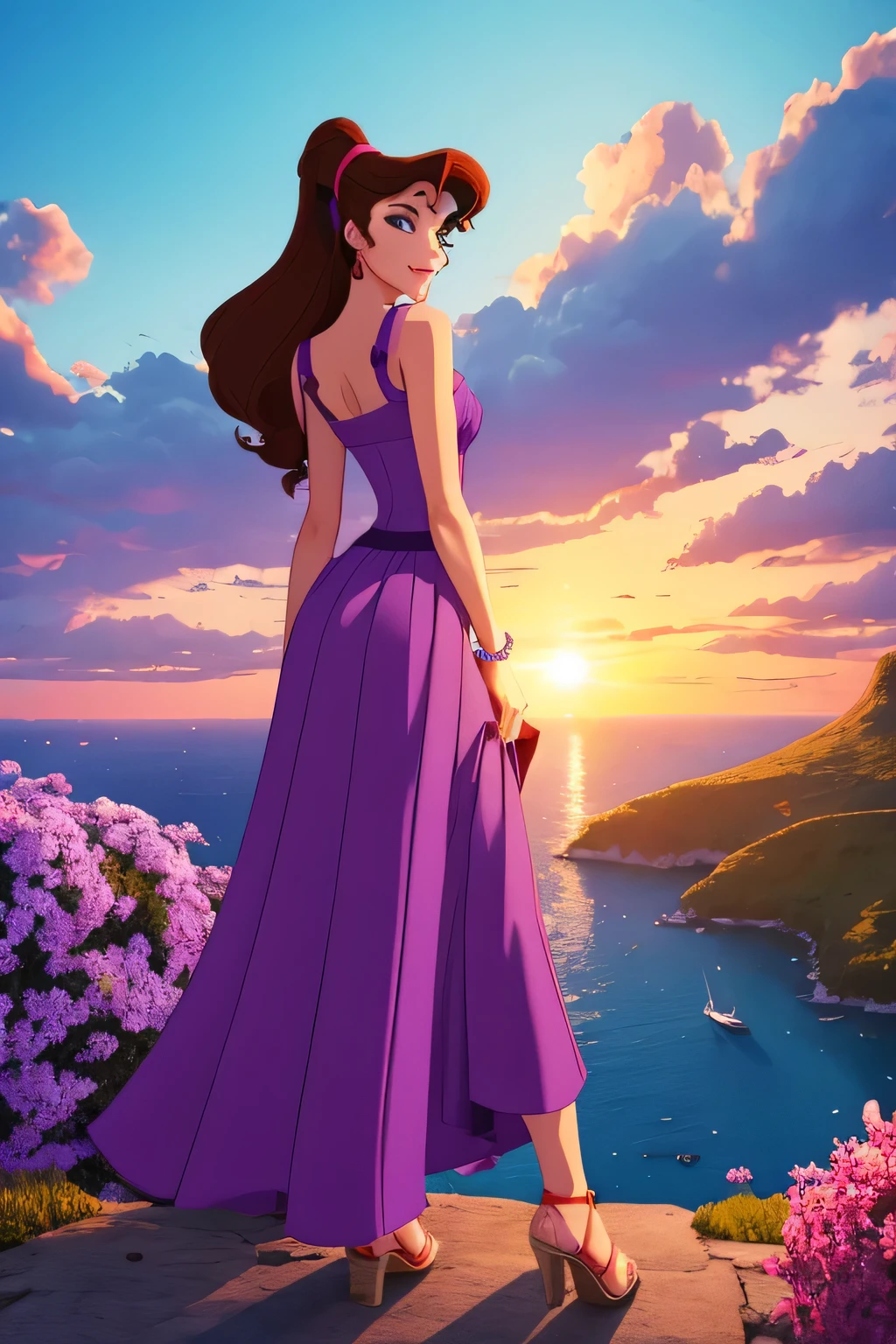 1 chica morena Megara, vistiendo un vestido griego largo morado, Estilo de animación de Disney., mejor calidad, arte digital, 2d, en el paraíso rodeado de nubes naranjas