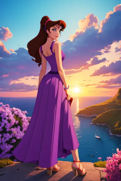 1 girl brunette Megara, wearing long purple greek dress, disney animation style, best quality, digital art, 2D, in paradise surrounded by orange clouds