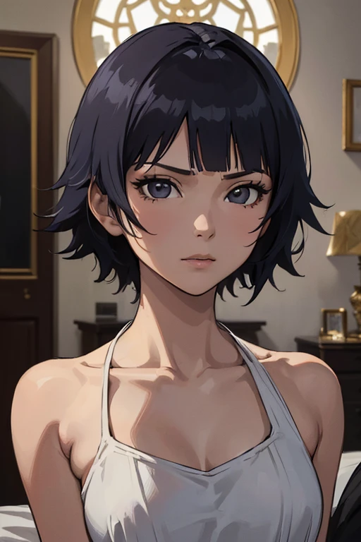 ultra-realistic 8k CG, masterpiece, ((ultra detailed background, expressive eyes, fine drawing, intricate details, high detail, better quality fine details, hyper-detailed face)), (photorealistic: 1.4), beautiful lighting, absurdity, RAW photo, film grain, soi fon, 1girl, solo, dark black hair, short hair, black eyes, makeup, side strands, ((medium breasts, slim girl)), ((bleach clothing)), ((intricately detailed background, inside, dim lighting, moody lighting, inside bedroom inside)), ((close-up, portrait))