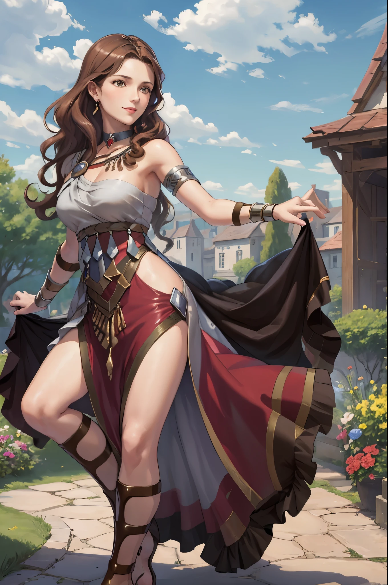 masterpiece, best quality, Dorothea Arnault, dorothea (timeskip), brown hair, large breasts, red danceroutfit, looking at viewer, smile, sky, clouds, garden, cowboy shot, long hair,