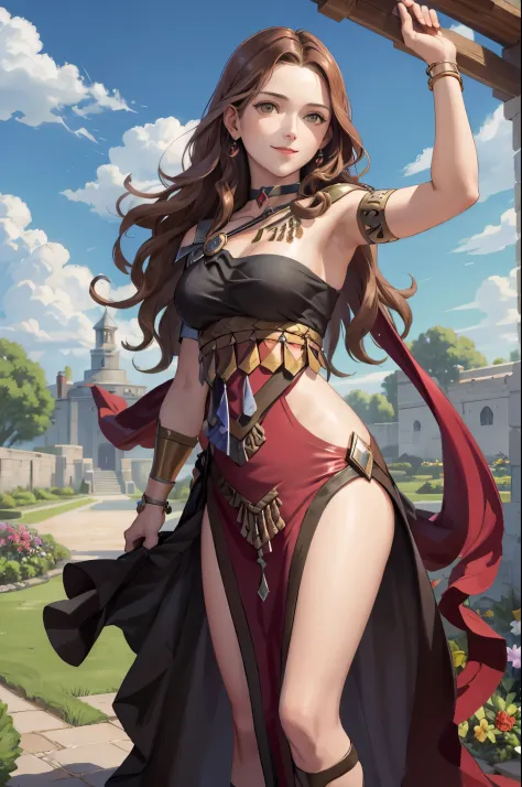 masterpiece, best quality, Dorothea Arnault, dorothea (timeskip), brown hair, large breasts, red danceroutfit, looking at viewer...