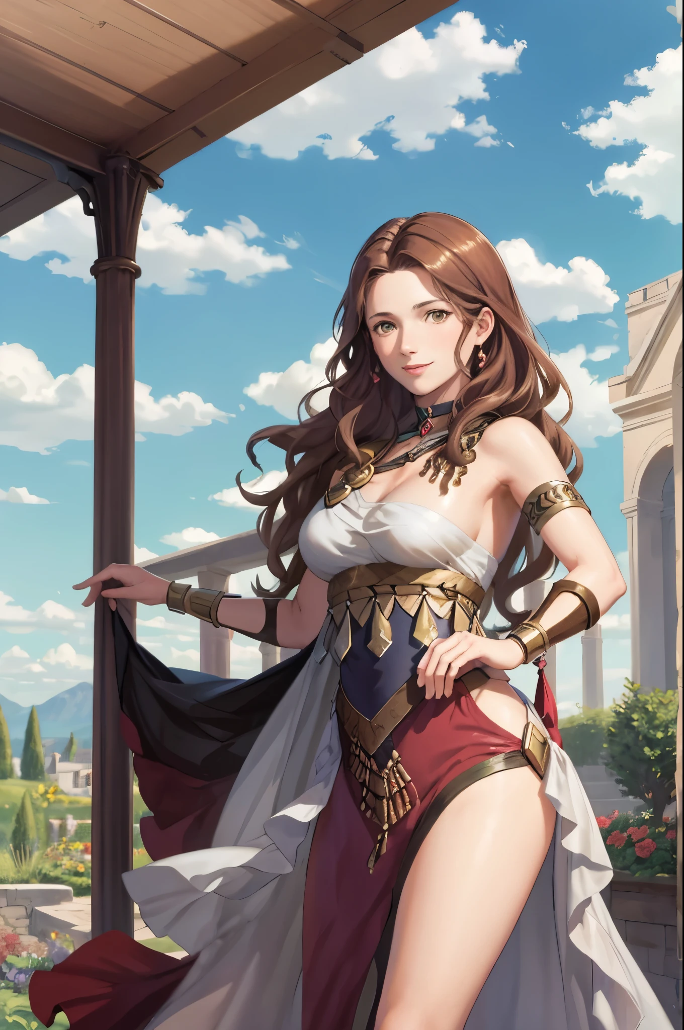 masterpiece, best quality, Dorothea Arnault, dorothea (timeskip), brown hair, large breasts, red danceroutfit, looking at viewer, smile, sky, clouds, garden, cowboy shot, long hair,