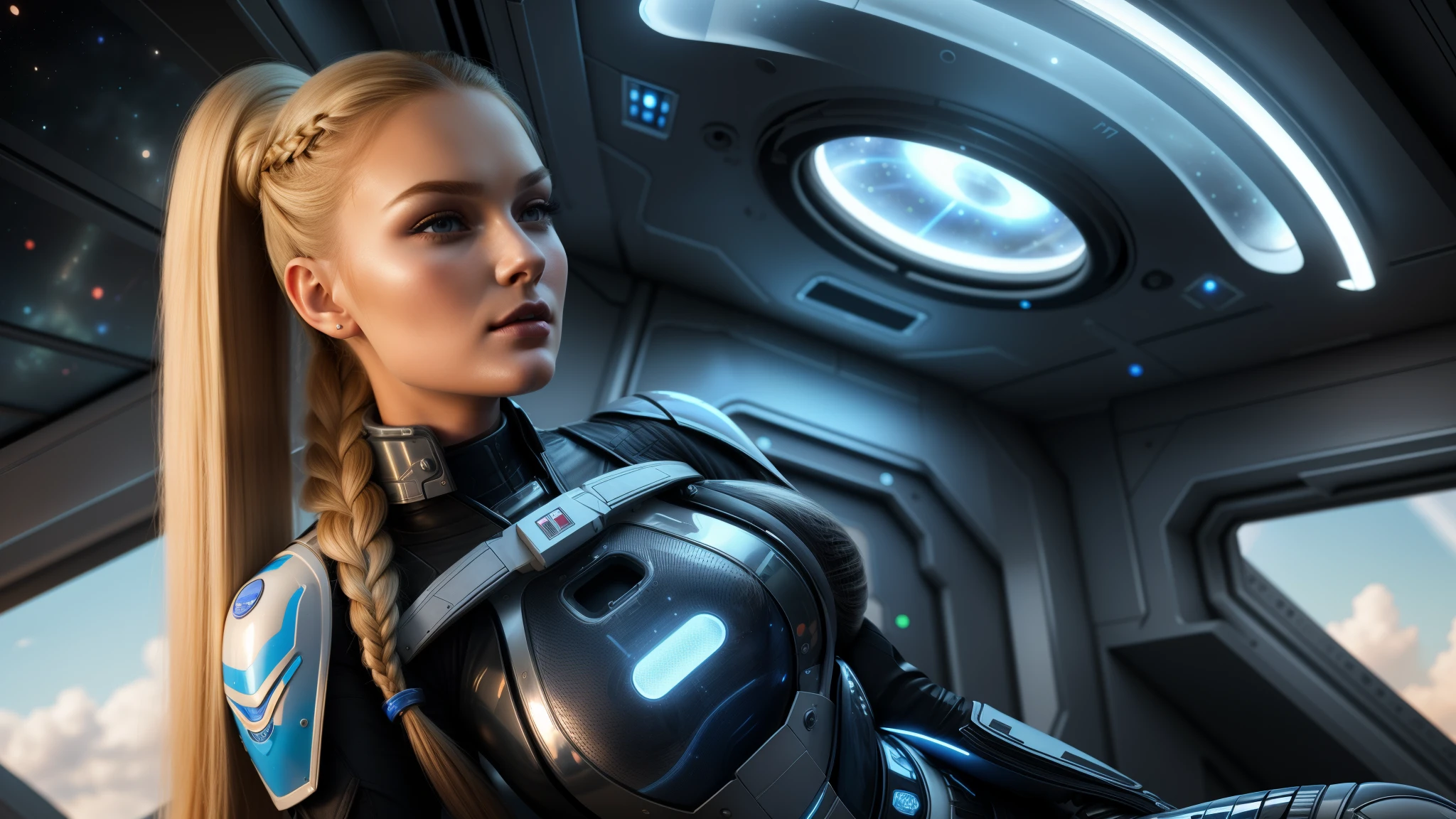 the most beautiful 21 yo Russian woman with long blond braided hair sitting in the futuristic spaceship in 2170 wearing a chrome and blue battle worn Space Force military suit a variety of small details in the background, random, hyper detailed, trending on artstation, intricate details, highly detailed, highly detailed, digital painting, perfect result, HDR, very clear image, evocative, striking, Fluorescent light, Side angle perspective, perfect face, polished, glorious, astonishing, fabulous, captivating, pretty, mesmeric, elegant, magnificent, sublime, luscious, dreamy, Mysterious