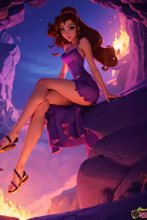 1 girl brunette Megara, wearing short purple greek dress and sandals, disney animation style, best quality, digital art, sitting in underworld cave, blue flames in background
