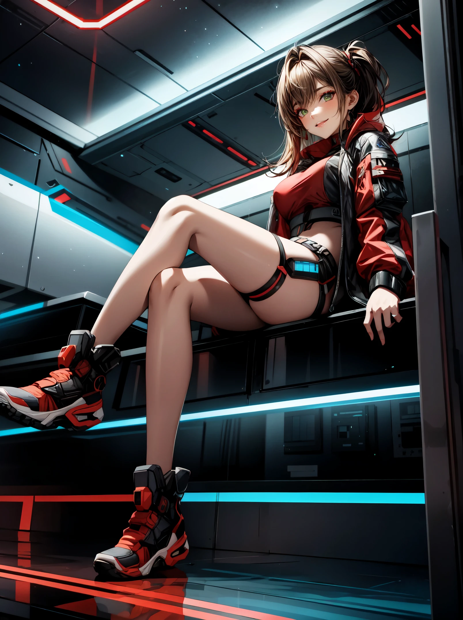 An extraordinary vision in ((4K)) resolution, presents Lis, a 21-year-old girl, immersed in the futuristic atmosphere of a cyberpunk spacecraft. | The cybernetic costume, consisting of black coat, red T-shirt, gray pants and white leather boots, stands out among the luminous panels and interactive holograms. The yellow chiquinhas in her hair add a vibrant touch, complementing the bold look she directs to the viewer. | The scene unfolds in metal corridors, with control consoles and assistant robots moving in harmony with the technological environment. The panoramic windows offer a spectacular view of the cosmos, providing a unique visual experience. | A dynamic approach that highlights Lis's striking presence in the midst of the high-tech scenario of the cyberpunk spacecraft. | {The camera is positioned very close to her, revealing her entire body as she adopts a dynamic_pose, interacting with and leaning on a structure in the scene in an exciting way} | She is adopting a ((dynamic_pose as interacts, boldly leaning on a structure, leaning back in an exciting way):1.3), ((perfect_pose)), ((full body)), ((perfect_fingers, better_hands, perfect_hands, perfect_legs)), More Detail.