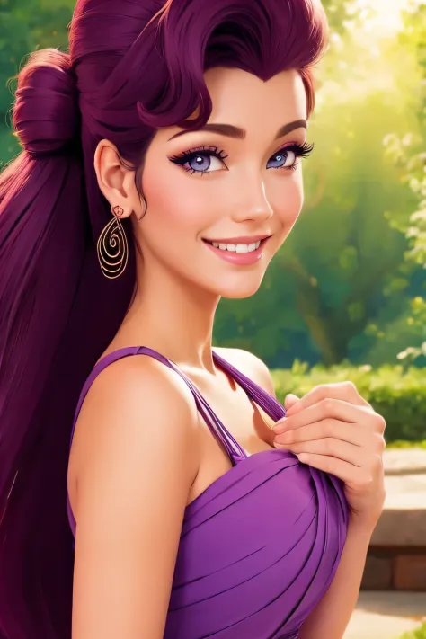 1 girl brunette Megara, wearing long purple greek dress, disney animation style, best quality, digital art, face close up, smelling flower, smiling enloved