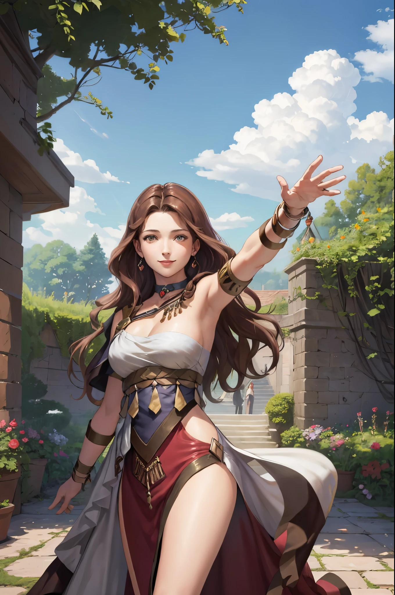 masterpiece, best quality, Dorothea Arnault, dorothea (timeskip), brown hair, large breasts, red danceroutfit, looking at viewer, smile, sky, clouds, garden, cowboy shot, long hair,